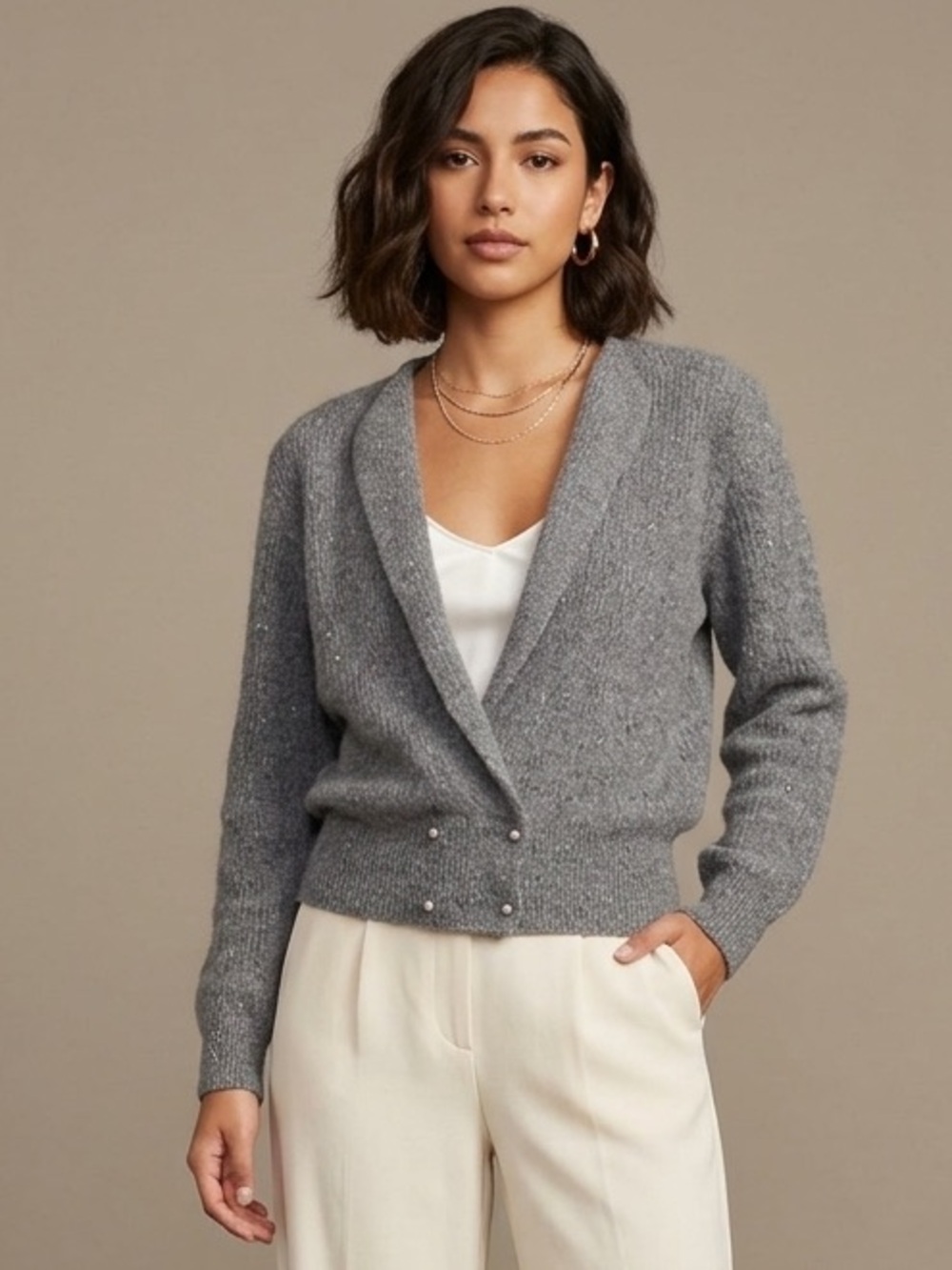 Casual Corner Vintage Gray Marled Knit Cardigan Double Breasted Pearl Button M